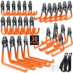 Housolution steel garage hooks securely grip ladders and bulky gear on the wall.