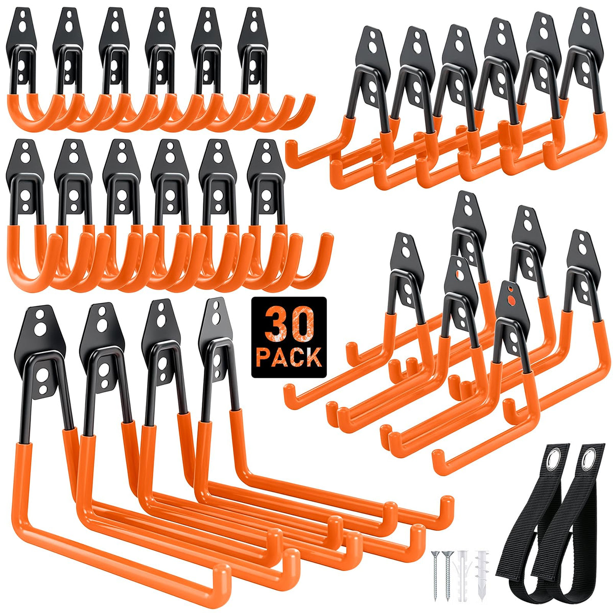 Housolution steel garage hooks securely grip ladders and bulky gear on the wall.