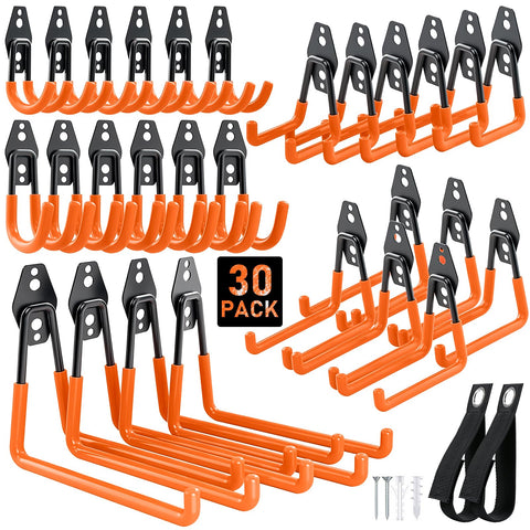Housolution steel garage hooks securely grip ladders and bulky gear on the wall.