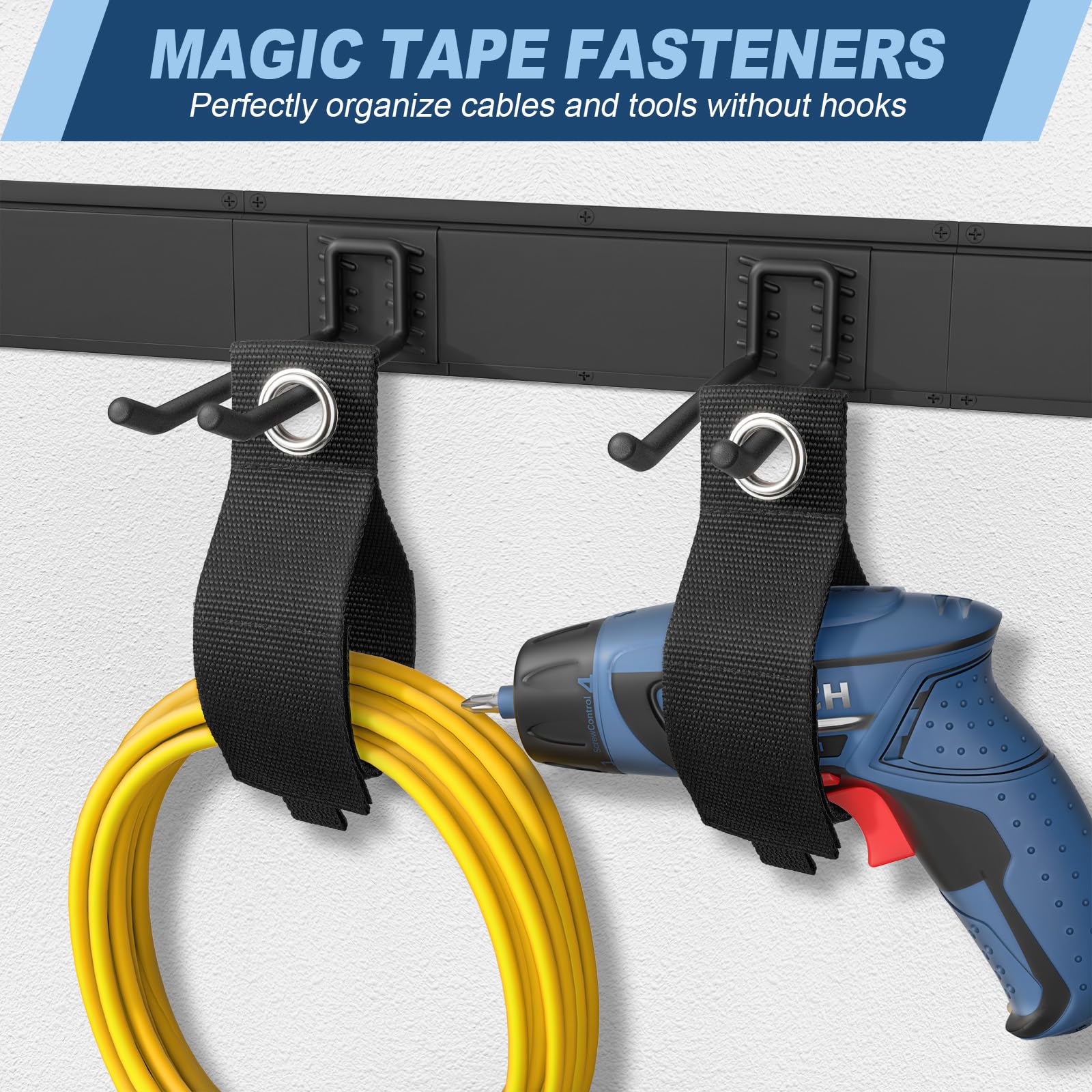 Housolution keeps tools neat and accessible on sturdy wall rails.