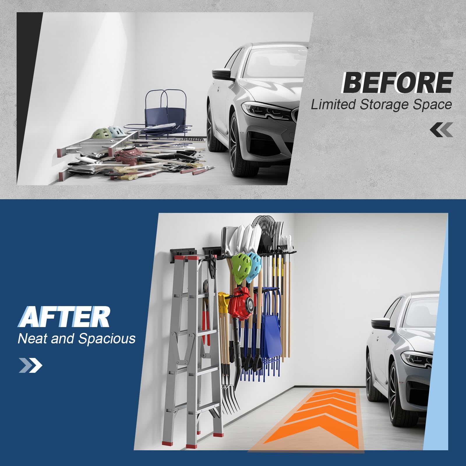 Housolution wall-mounted system saves floor space in garages and sheds.