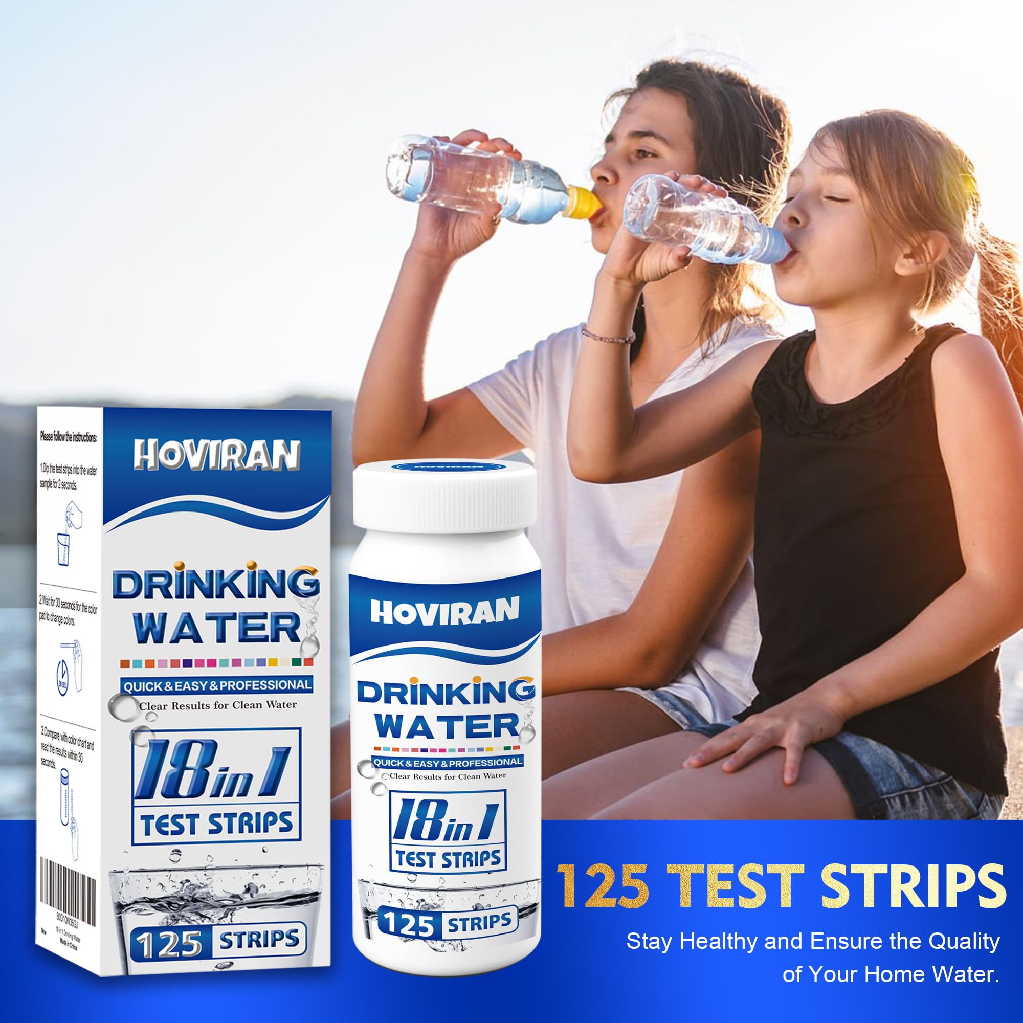 HOVIRAN test strip being dipped into water for fast results.