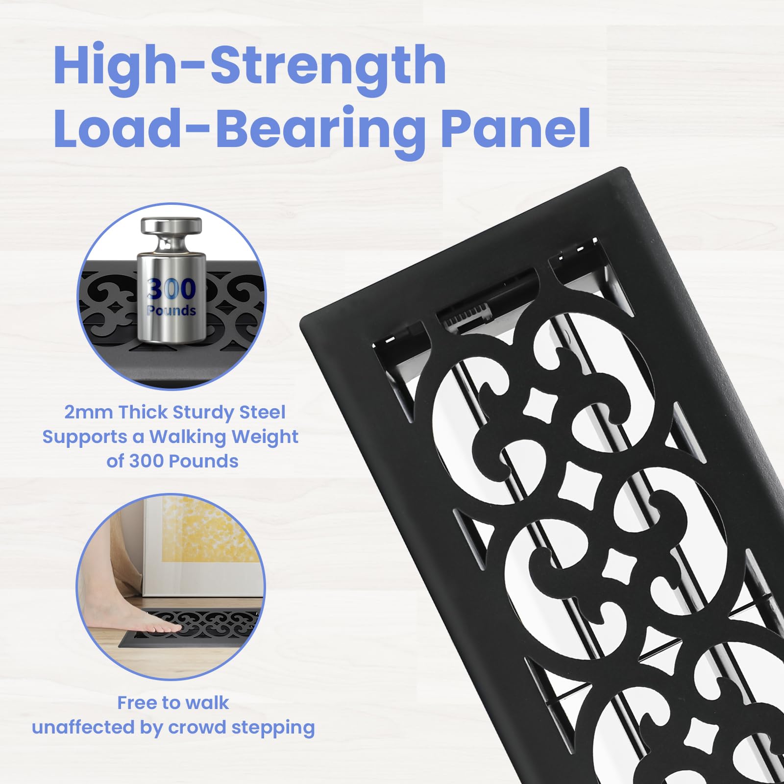 Howeall Charlotte floor register with 2mm steel construction highlights robust frame for daily use.
