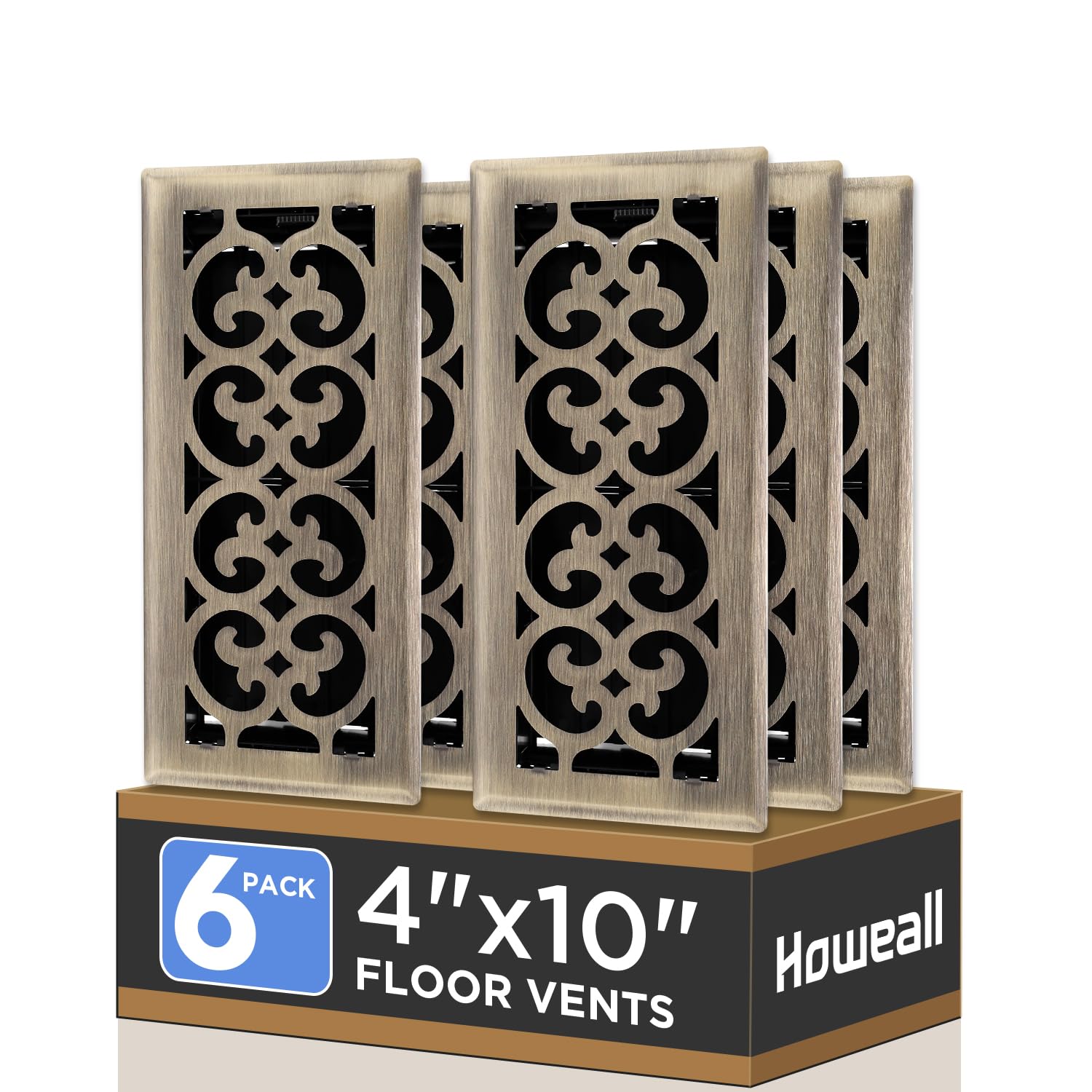 Howeall Charlotte floor register in antique brass with 4x10 inch opening for tailored airflow