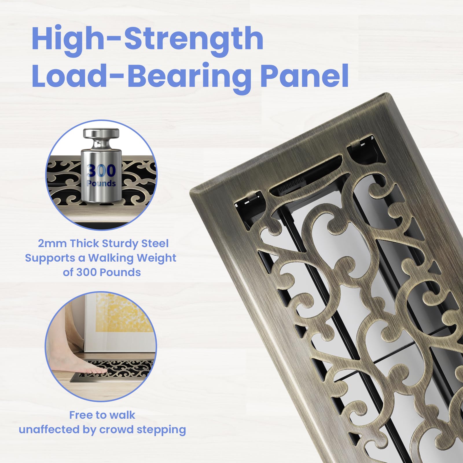Howeall durable steel floor register demonstrating strength for walkable areas