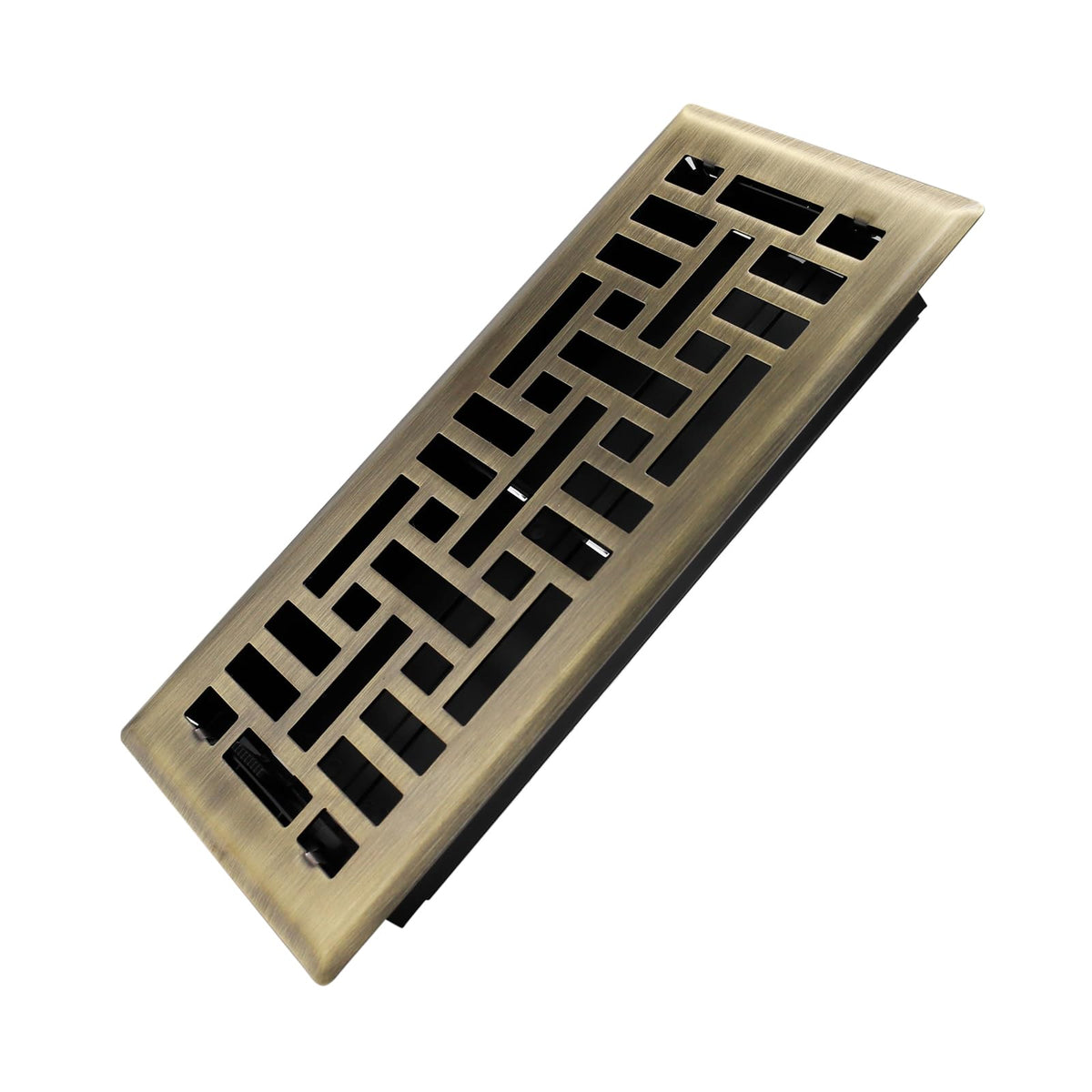 Howeall Seattle design floor register antique brass, front view shows edge-folded fit and style
