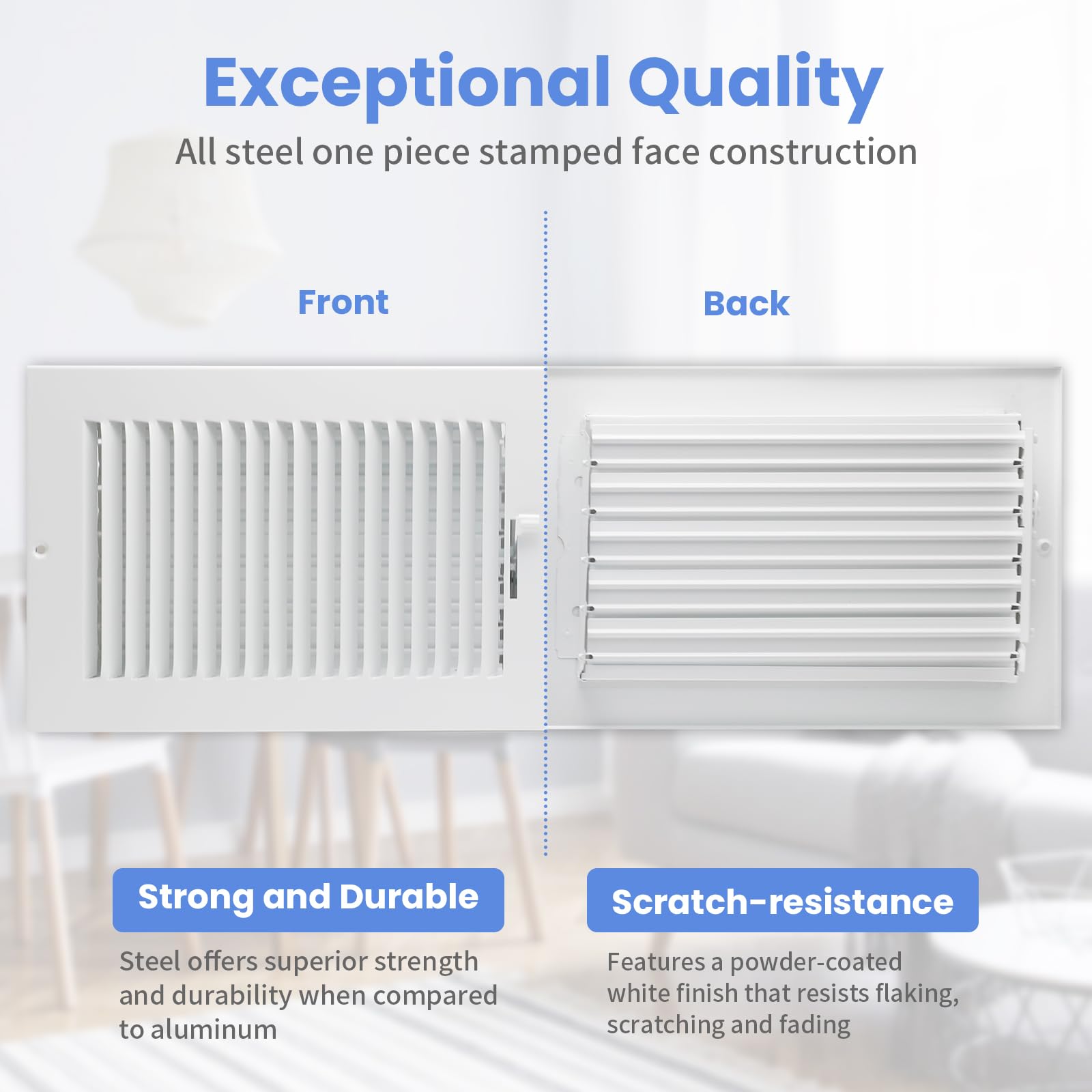 Howeall steel vent cover in white powder coat resists rust and temperature shifts