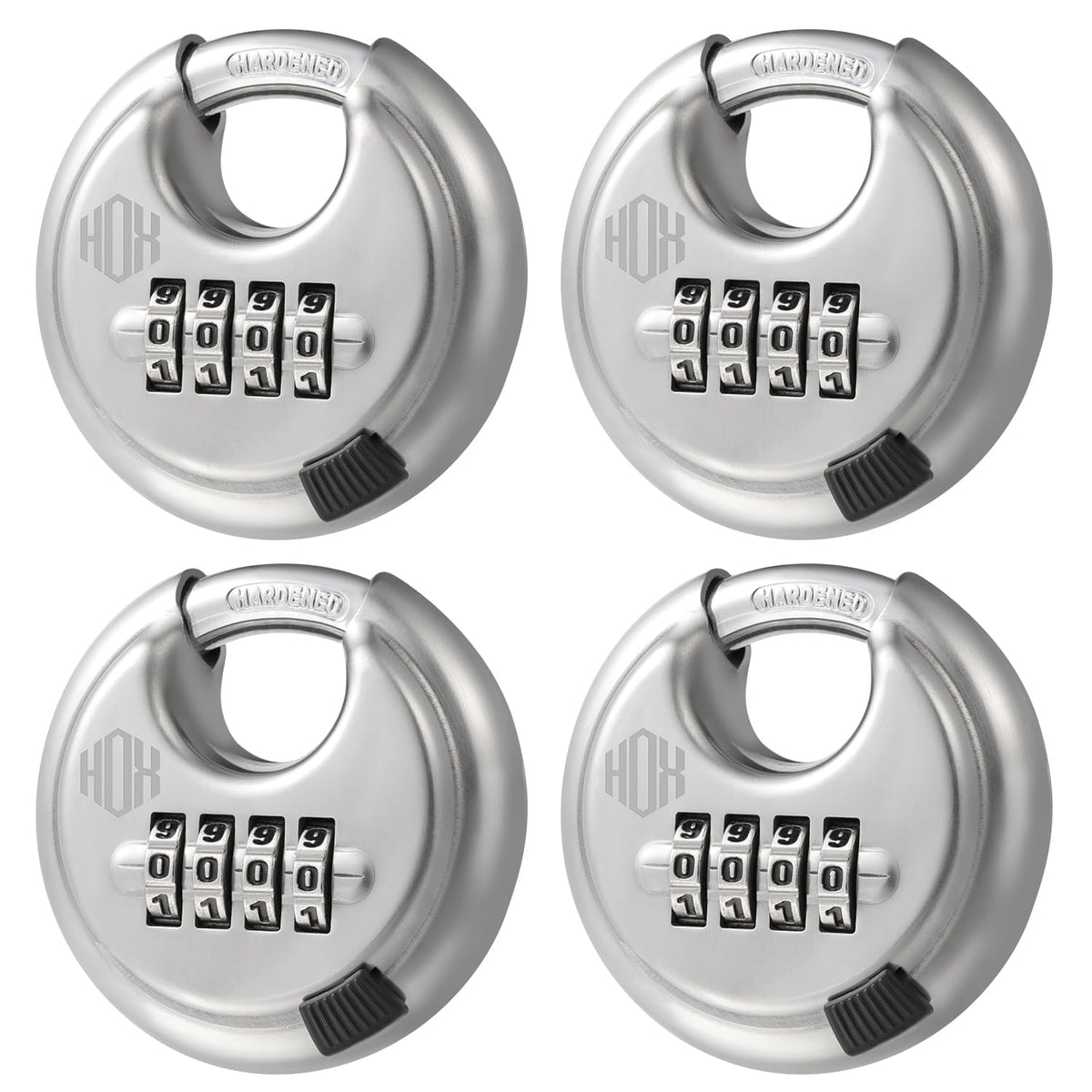 HOX 4-digit disc padlock secures gates and sheds with keyless convenience.