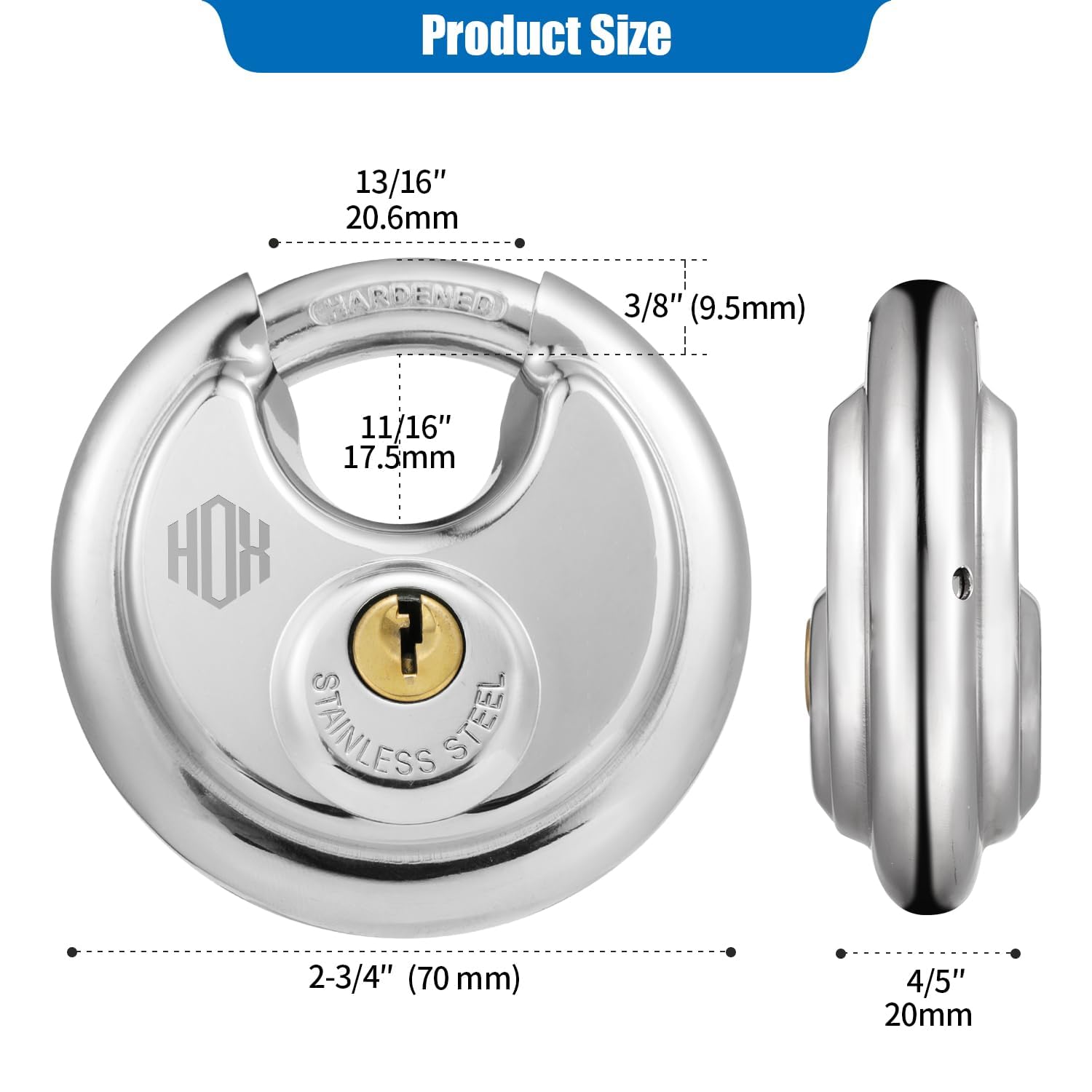 Wide HOX padlock body emphasizes 2-3/4 inch width for versatile securing