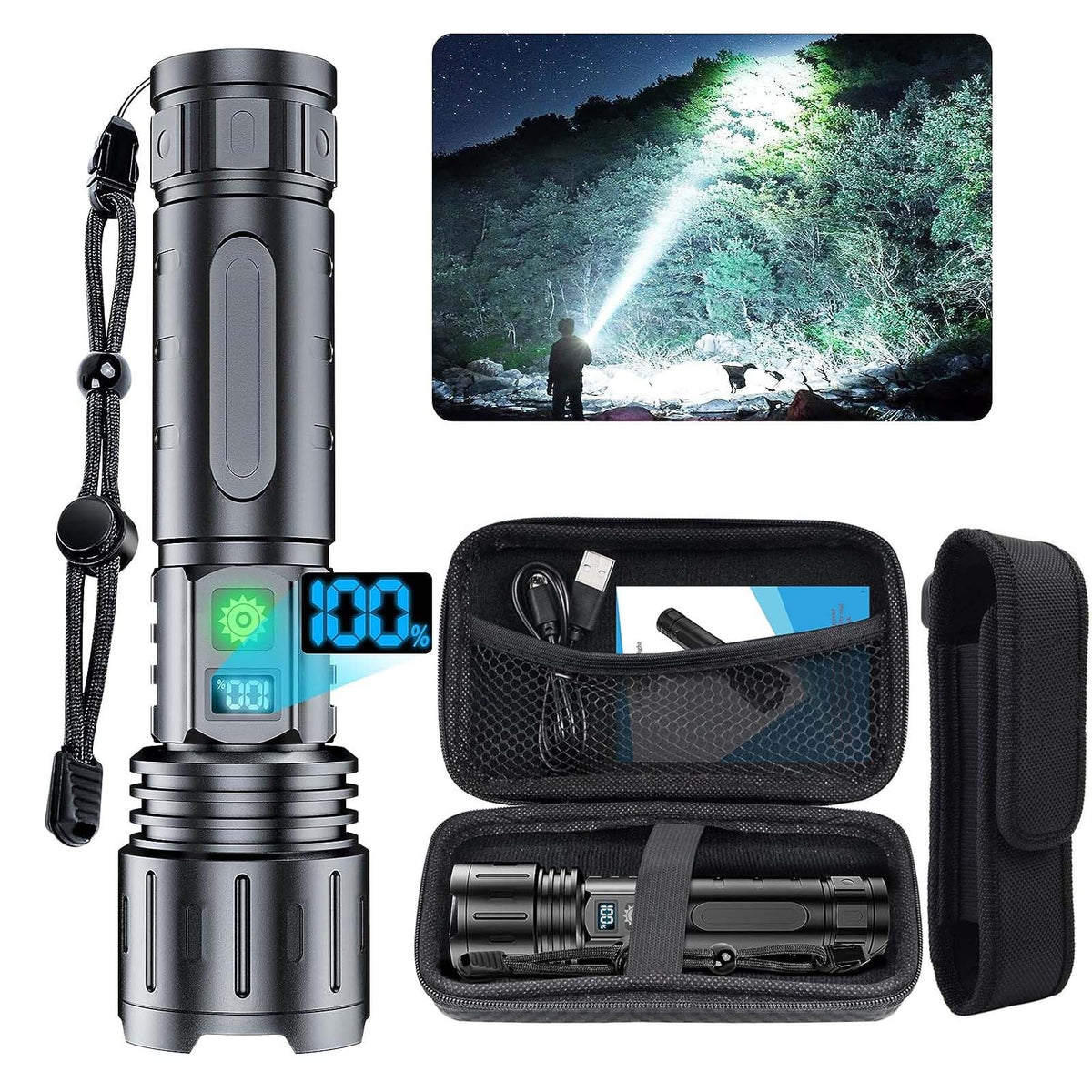 Hoxida 2000-lumen flashlight with long beam for outdoor adventures.
