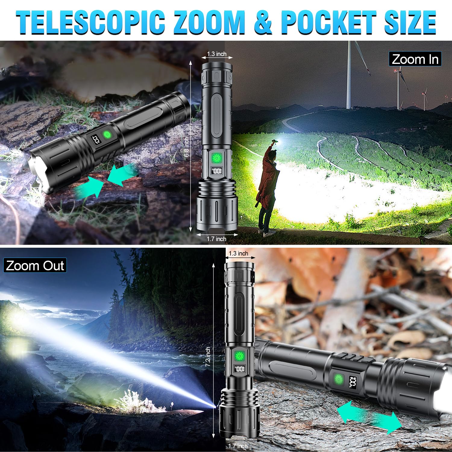 Hoxida flashlight 5000mAh battery provides up to 20 hours runtime