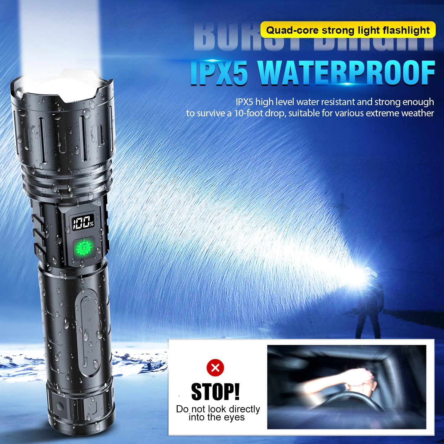 Hoxida flashlight power display shows remaining charge at a glance