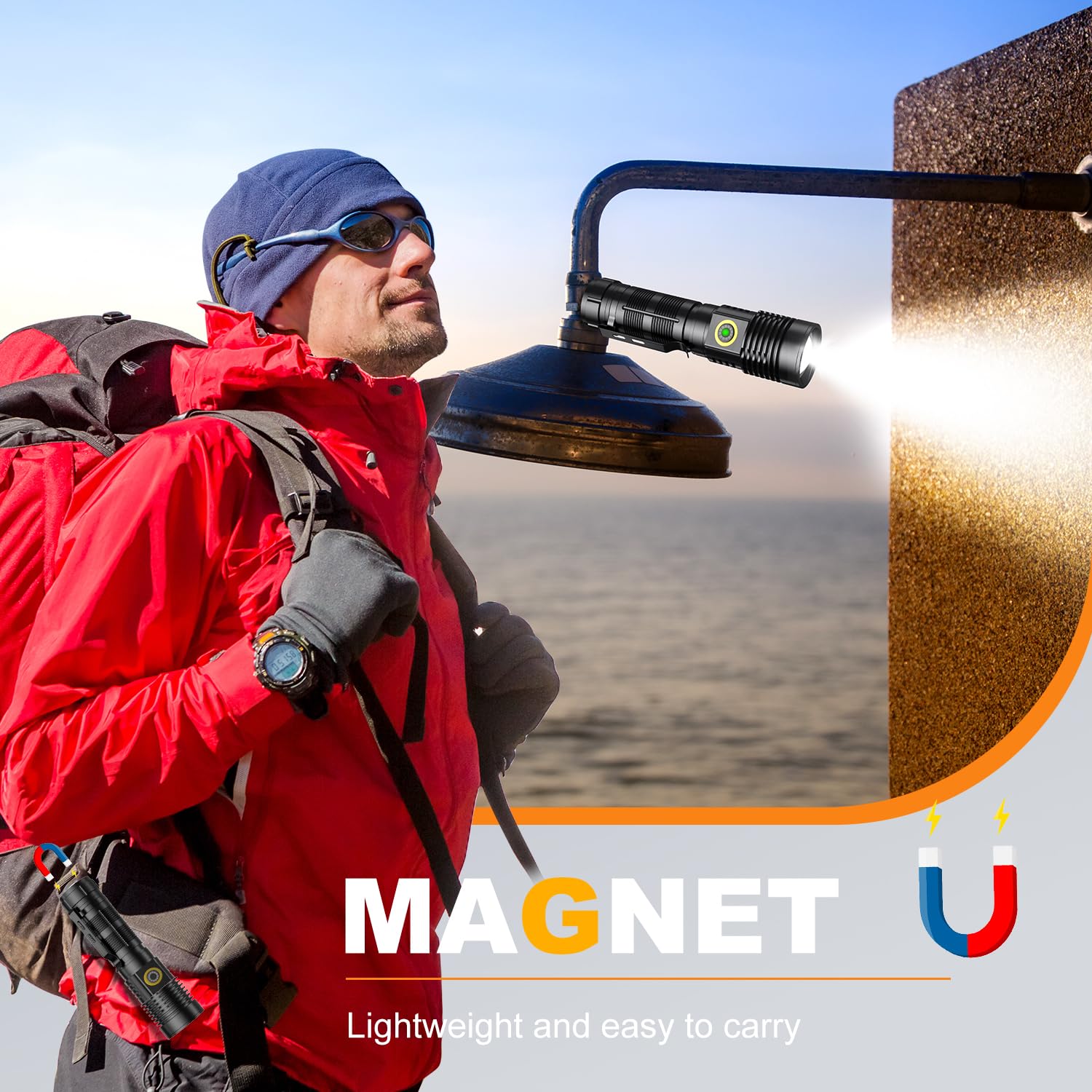 Hoxida magnetic-base flashlight attaches to metal surfaces for hands-free use.