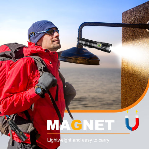 Hoxida magnetic-base flashlight attaches to metal surfaces for hands-free use.