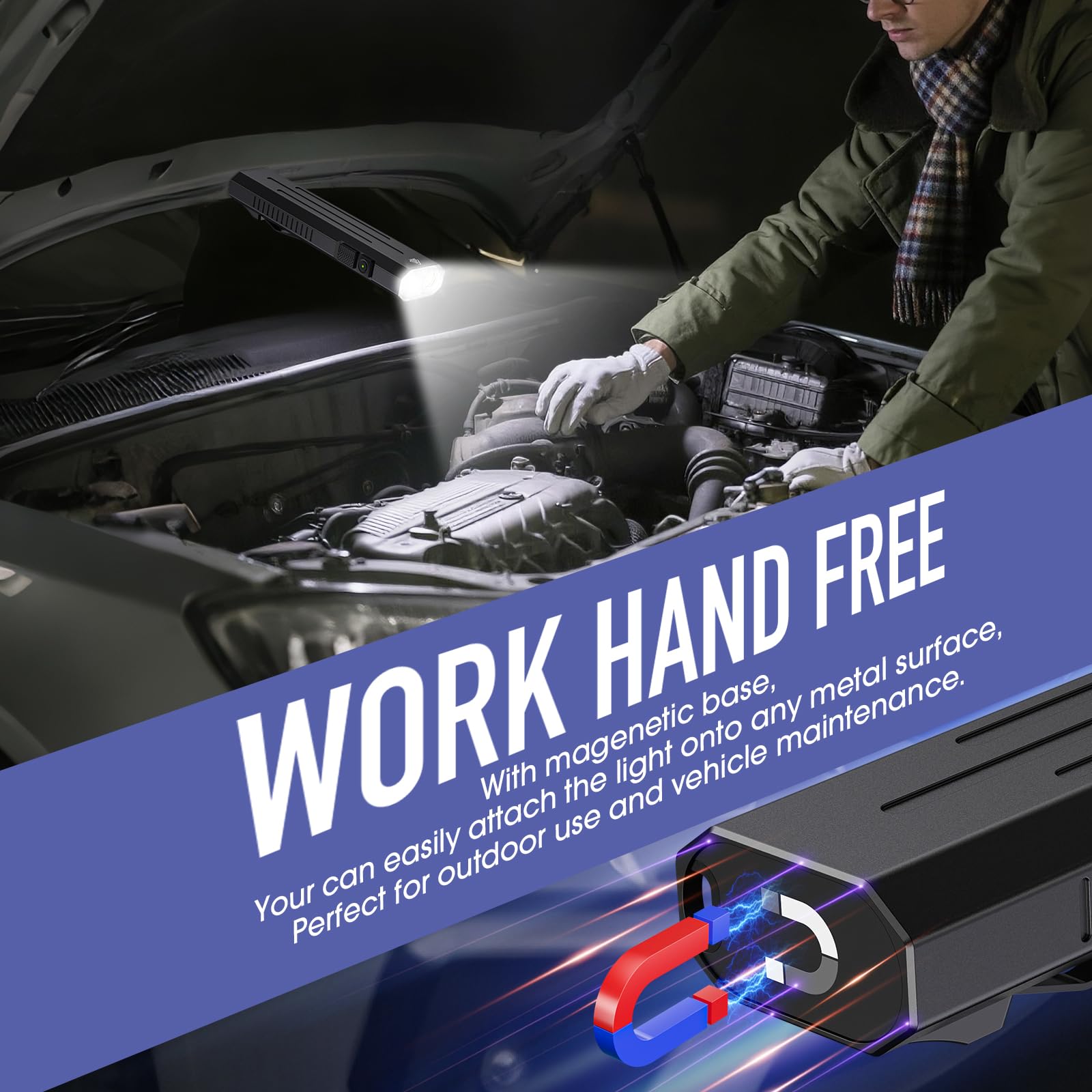 Hoxida magnetic flashlight attached to metal surface for hands-free work.