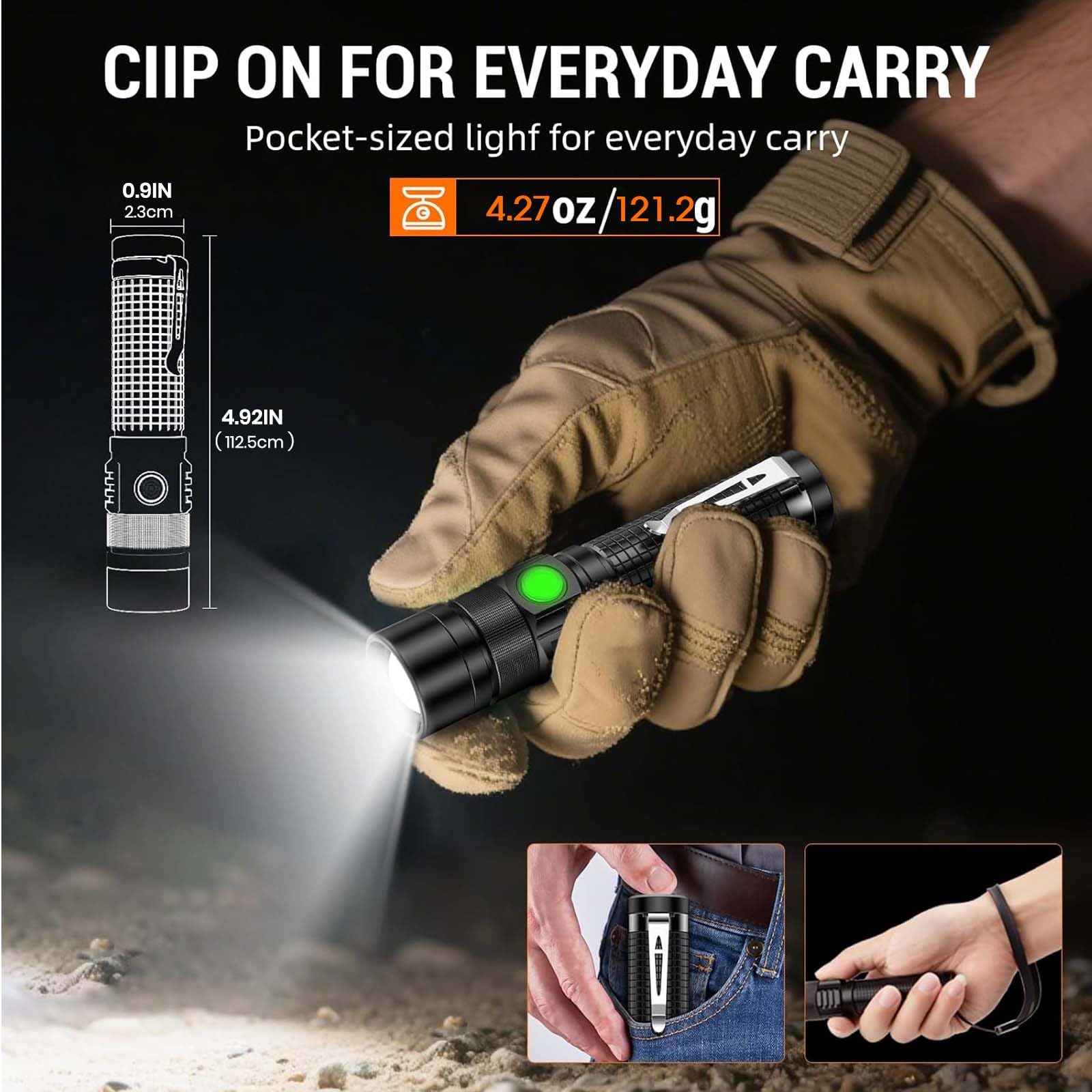 Hoxida Pocket EDC Flashlight showing one-click SOS for safety.