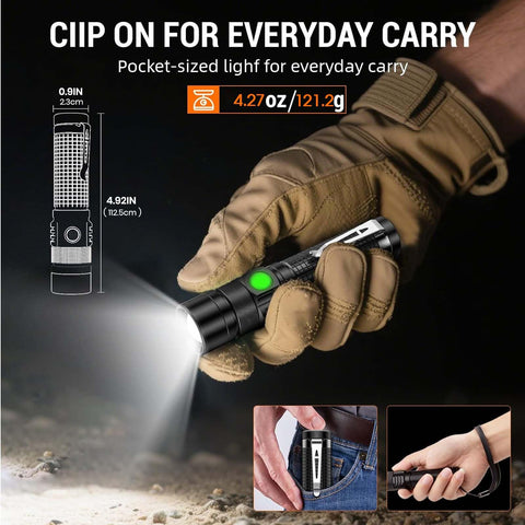 Hoxida Pocket EDC Flashlight showing one-click SOS for safety.