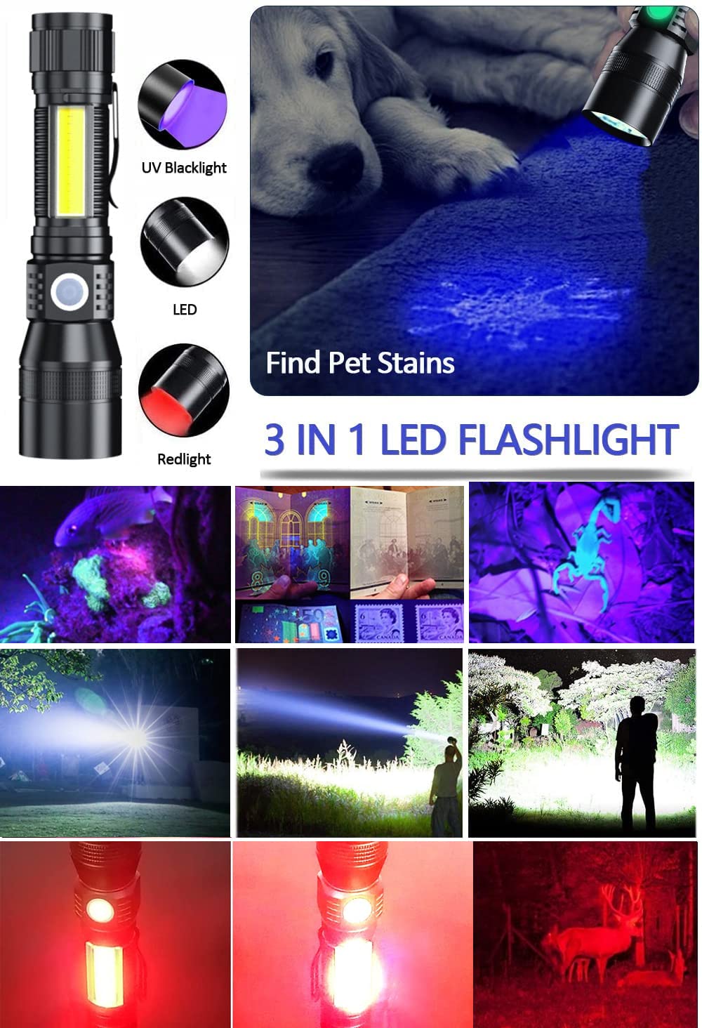 Hoxida UV flashlight highlights pet urine stains under UV light for easy cleaning