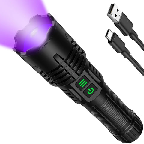Hoxida UV flashlight front view shows compact UV beam for stain detection