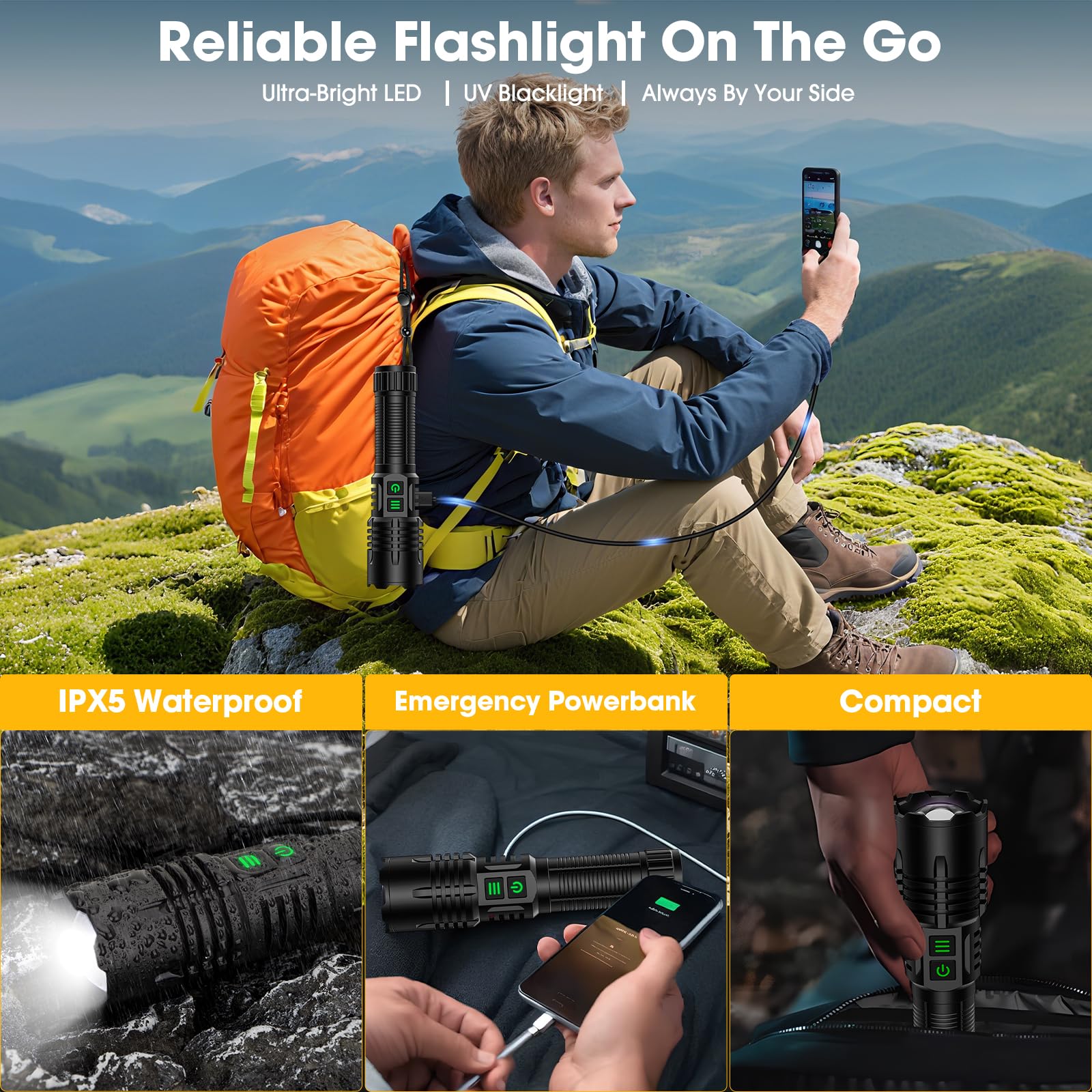 Hoxida UV flashlight USB Type-C rechargeables for quick topping up