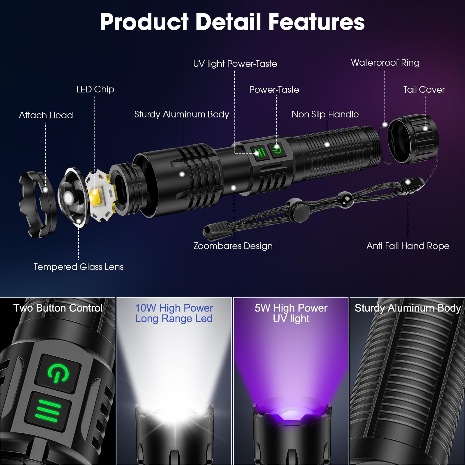 Hoxida UV flashlight waterproof and drop-resistant for outdoor adventures