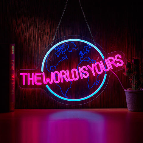 Hoyoelec World Is Yours neon sign on wall provides bright ambient lighting for bedrooms.
