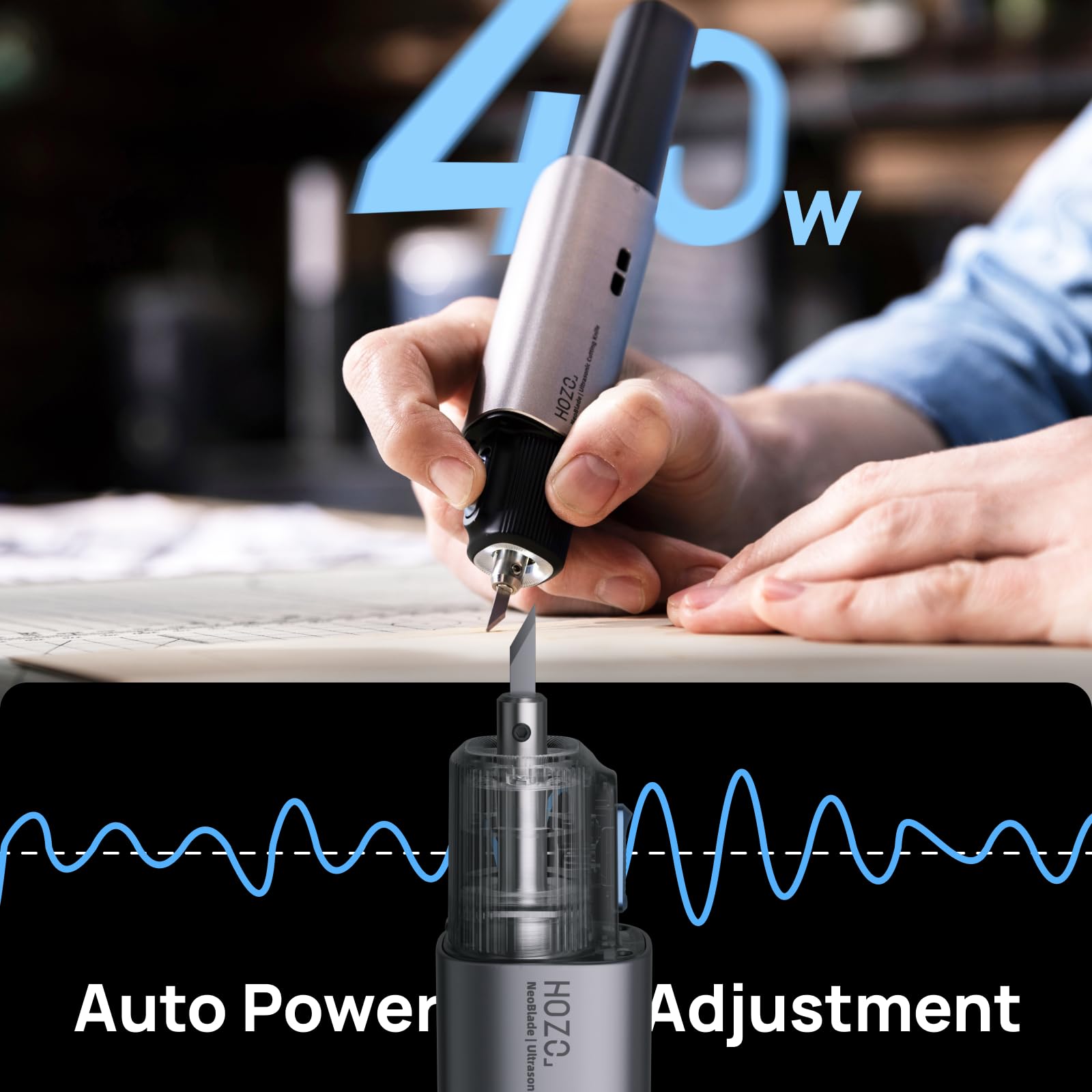 HOZO NeoBlade shows 40W auto power for material-adaptive performance.
