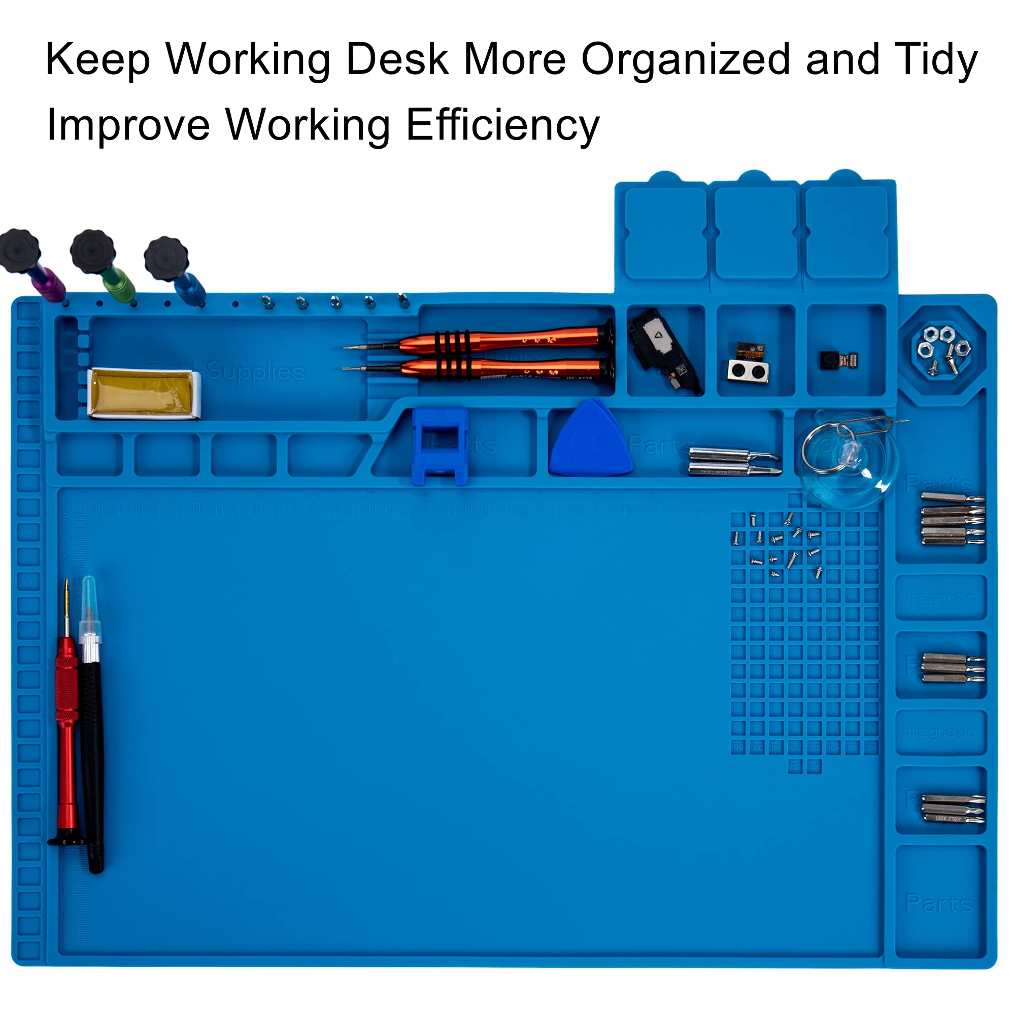 HPFIX blue magnetic repair mat with screw bins keeps small parts sorted