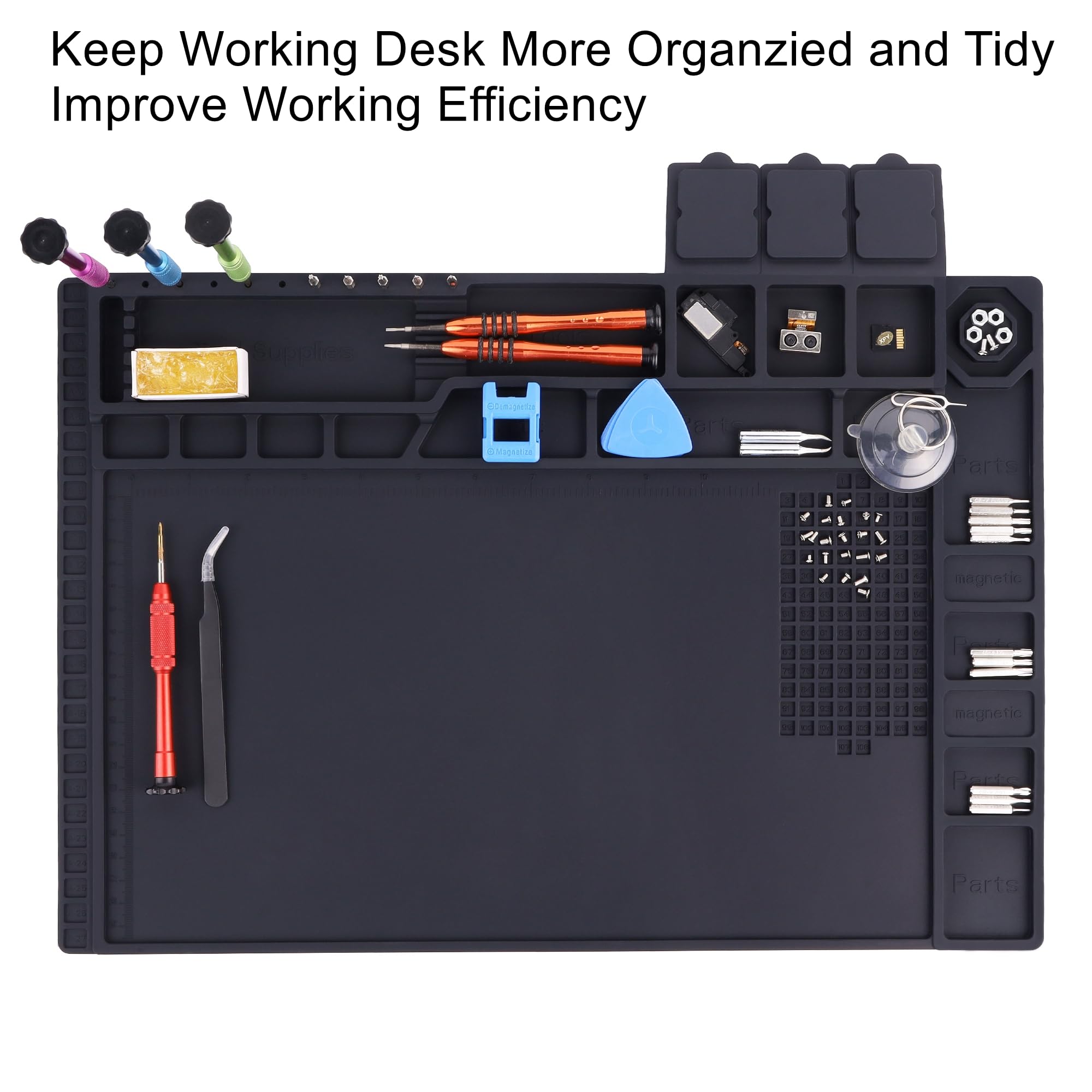 HPFIX mat shows magnetic pockets for organized screws during repairs
