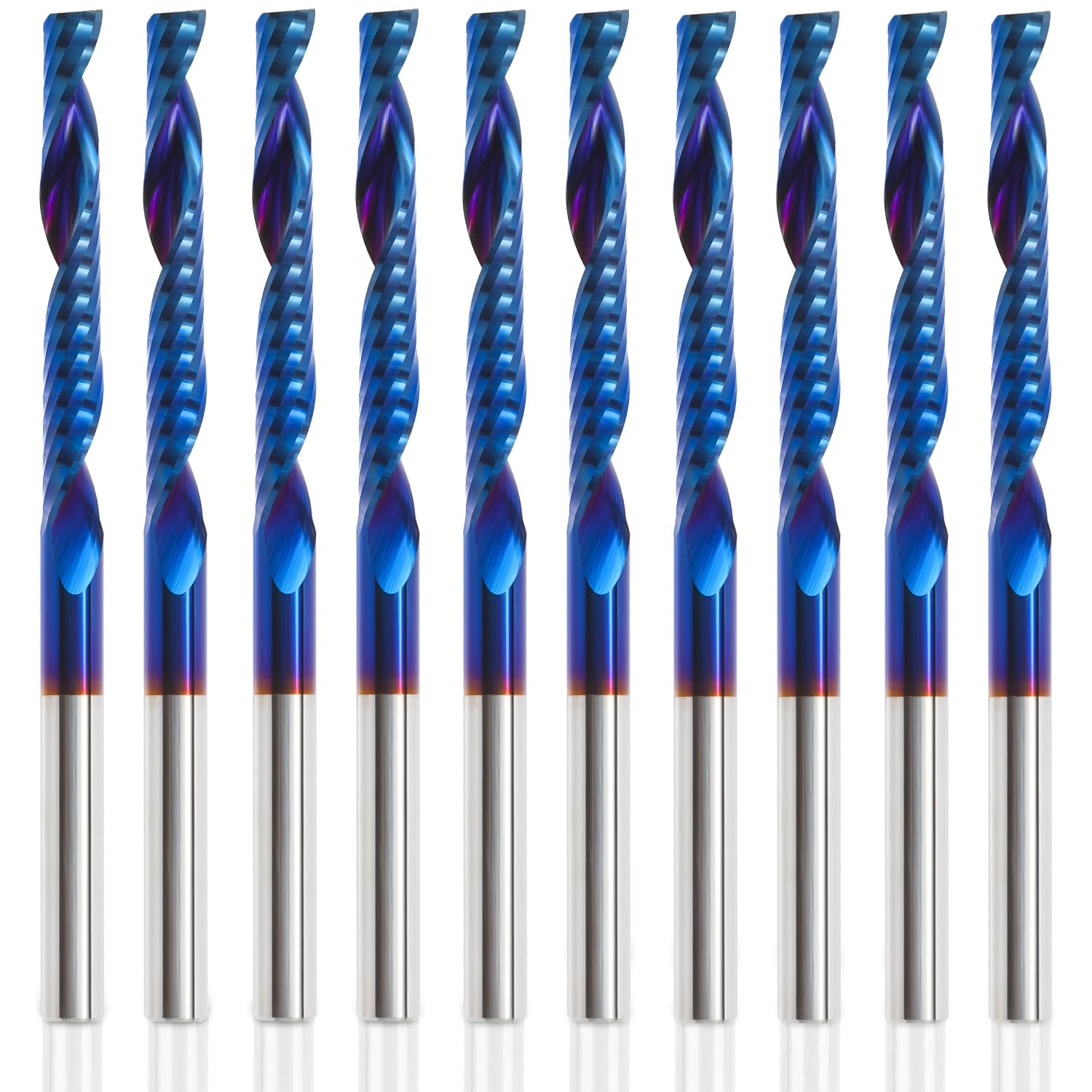 HQMaster 10-pack o flute bit closeup tip with sharp carbide edge for clean cuts.