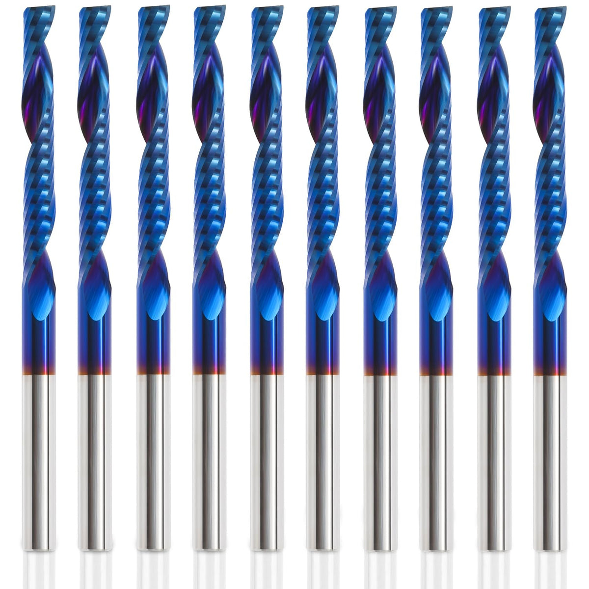 HQMaster 10-pack o flute bit closeup tip with sharp carbide edge for clean cuts.