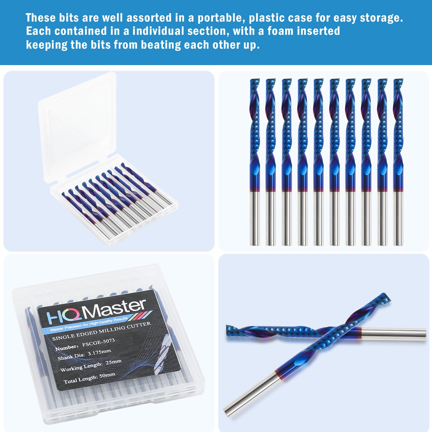HQMaster 10-pack o flute bit shank 1/8 inch showing compact shank for versatile CNC setups.