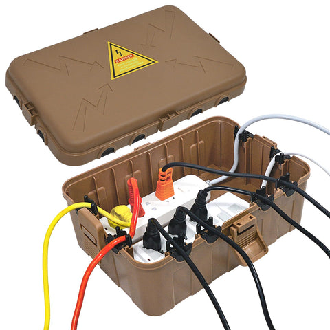 Hrensaw large outdoor electrical box protecting outlets outdoors.