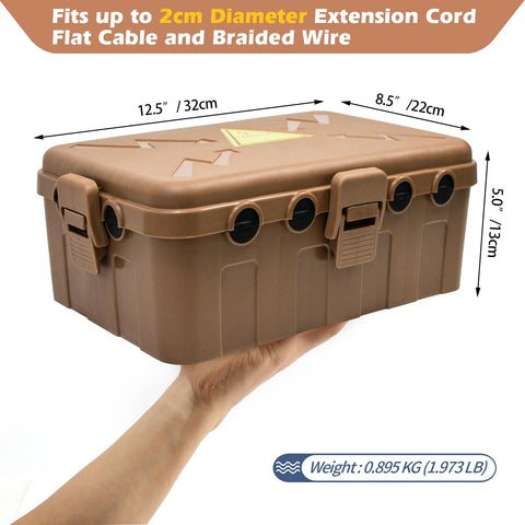 Hrensaw weatherproof extension cord cover shielding outdoor plugs.