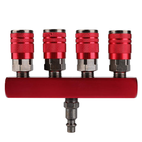 Hromee 4-way manifold in-line design with four outlets for multi-tool air supply.