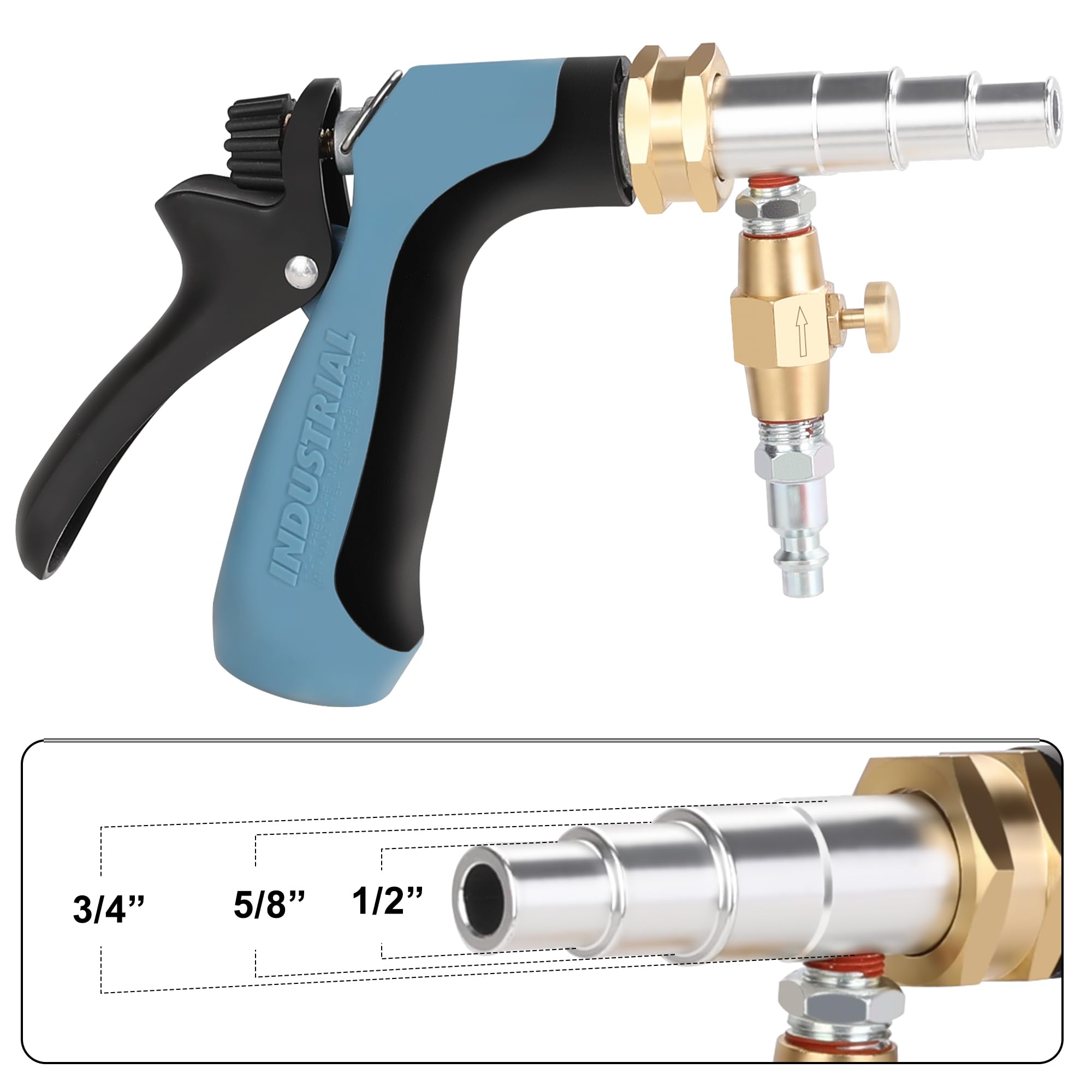 Hromee adjustable-pressure gun connected to garden hose for controlled cleaning.