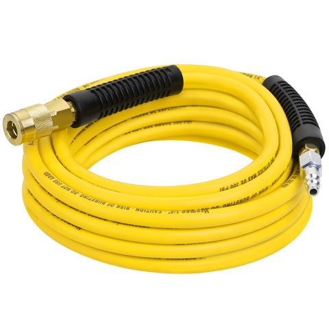 Hromee air hose 25 ft yellow, flexible and easy to spot in a workshop.