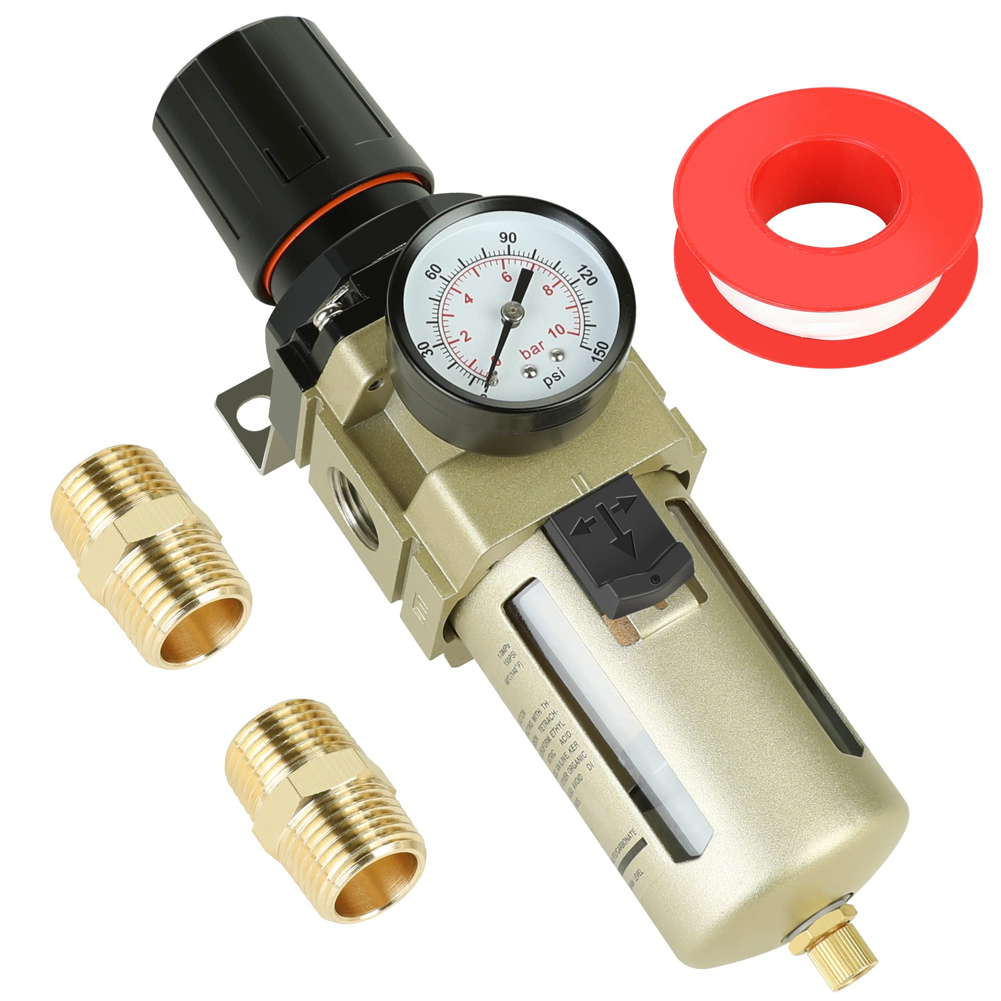 Hromee filter regulator front view showing compact unit for clean, dry air delivery.