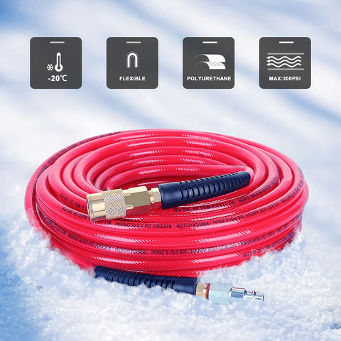 Hromee red hose on a busy job site for quick identification.