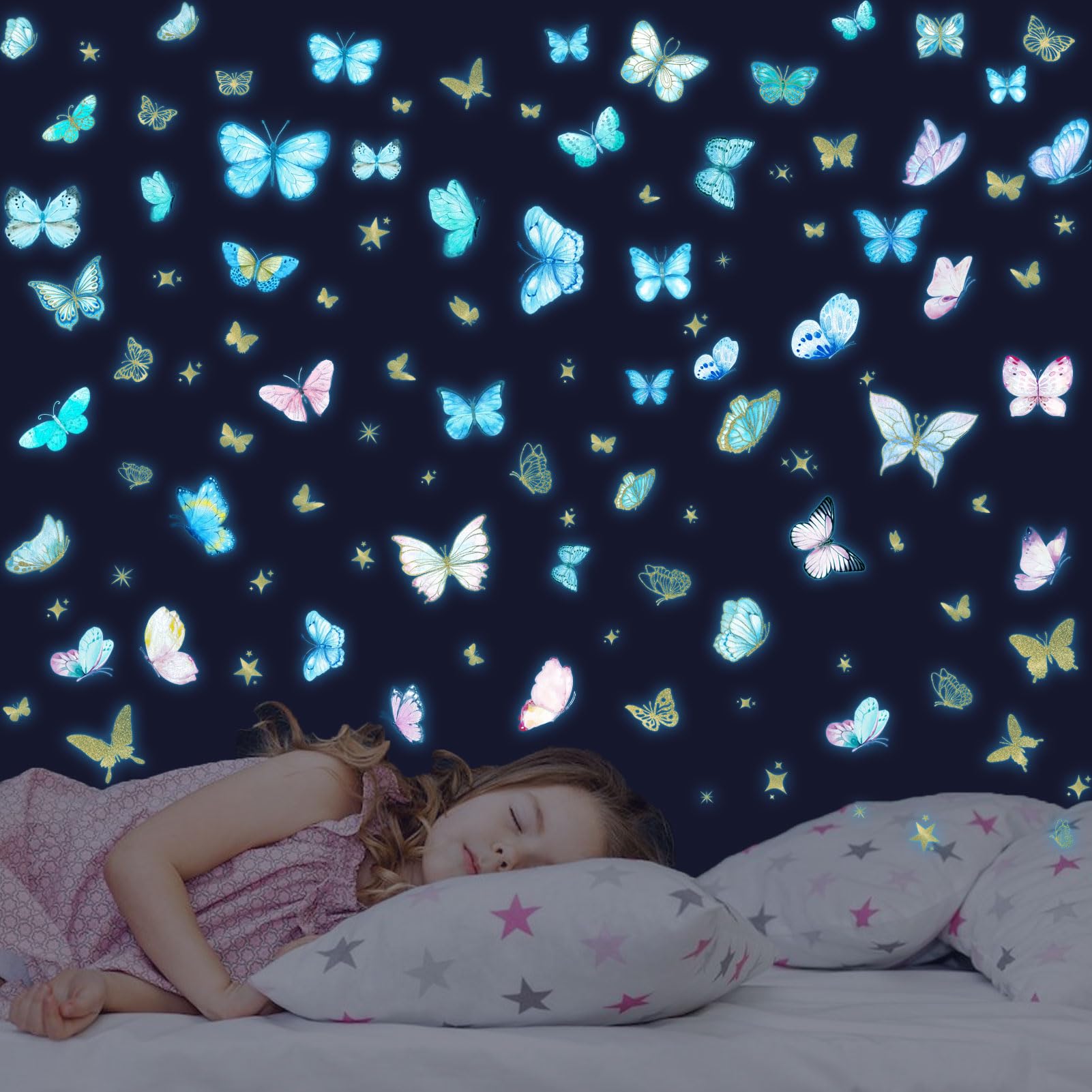 HSDSH glow butterfly wall decal set lighting up a child's night scene