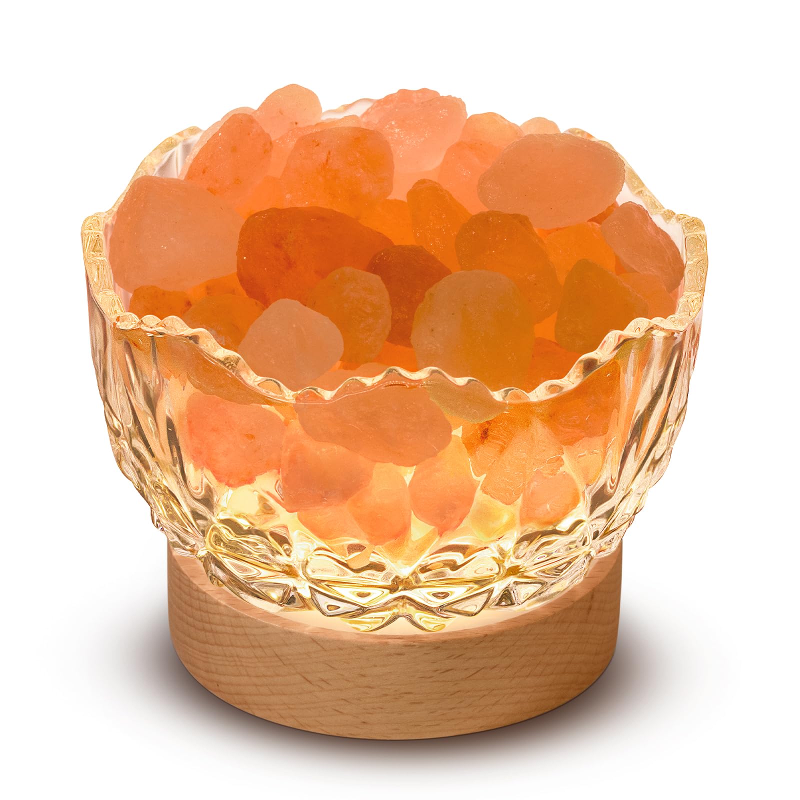 HSLZOMI pink Himalayan salt lamp with wooden base emits warm ambient light