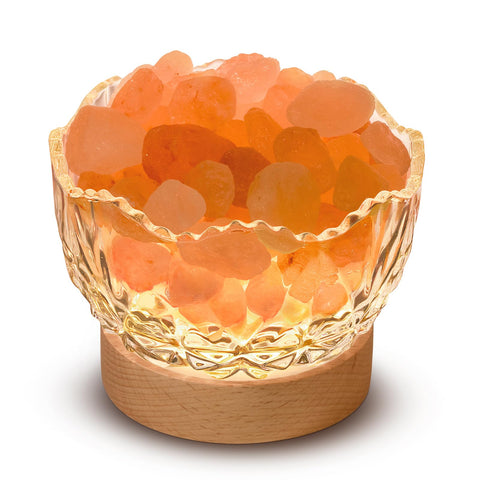 HSLZOMI pink Himalayan salt lamp with wooden base emits warm ambient light