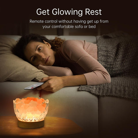 HSLZOMI pink salt lamp on a wooden base in cozy room