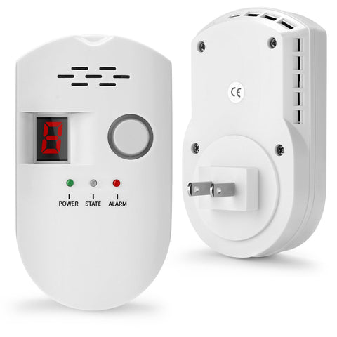 HSTMYFS natural gas leak detector front view, compact plug-in for home safety.