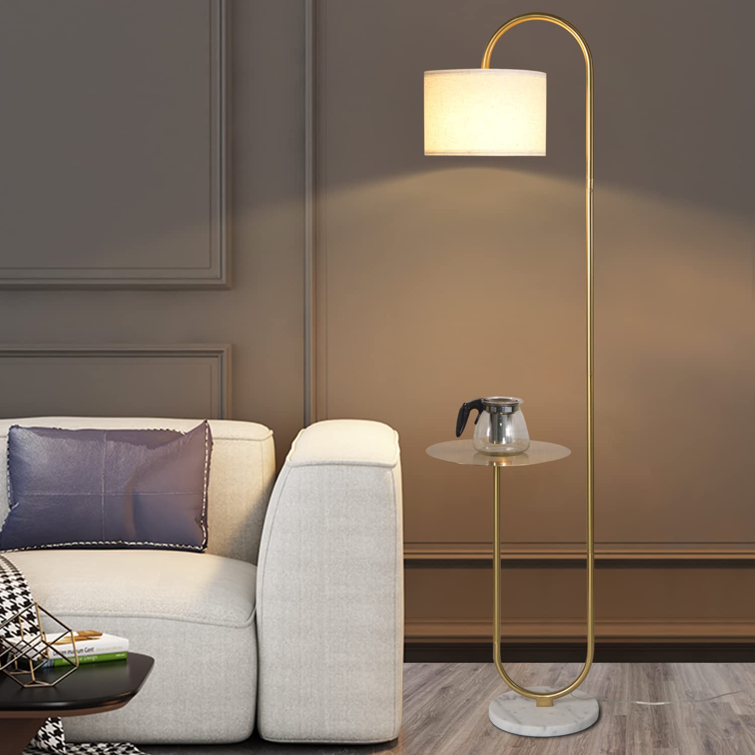 Hsyile arc lamp creates inviting living room ambience.