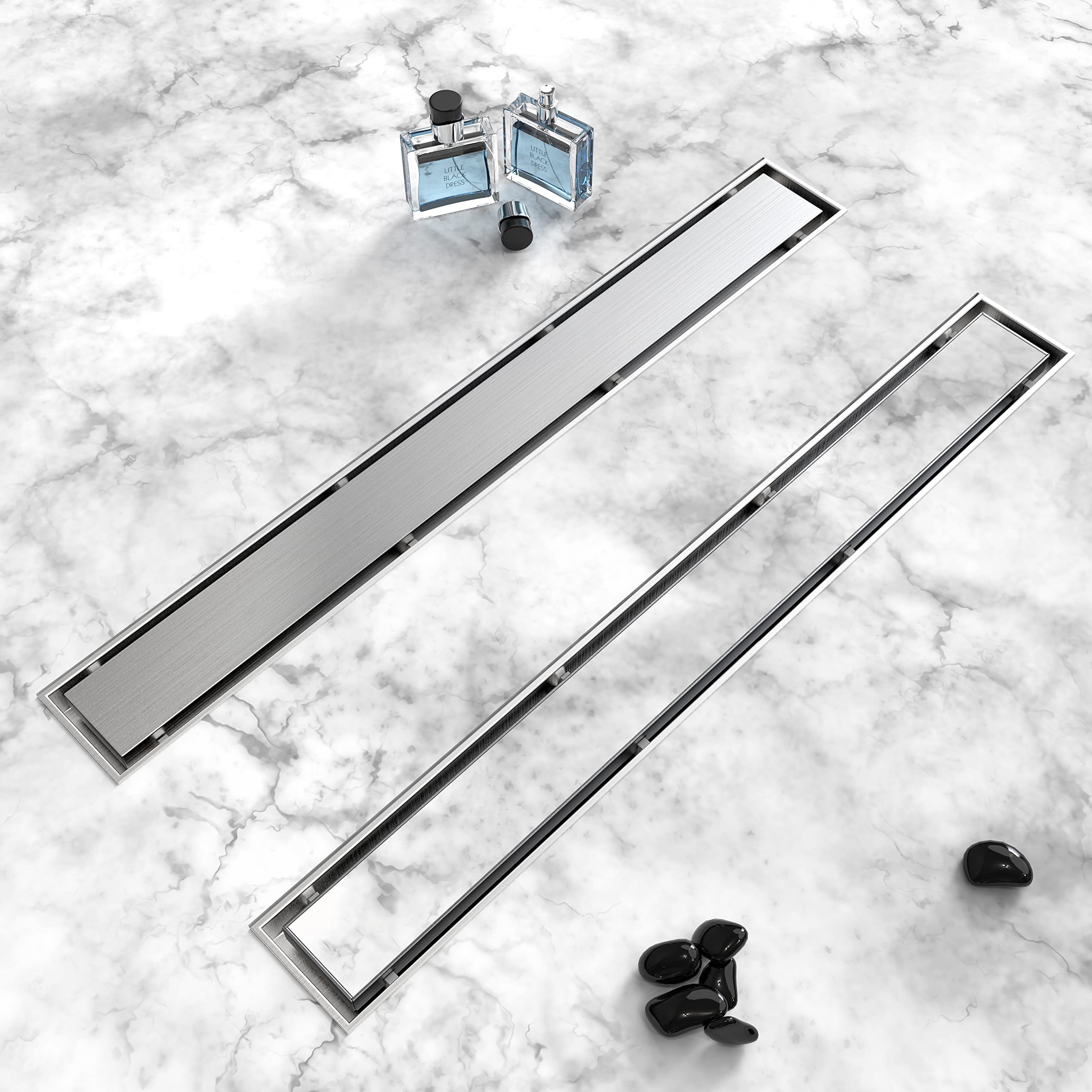 HTOH 24-inch linear drain in brushed nickel showing robust stainless steel construction and finish