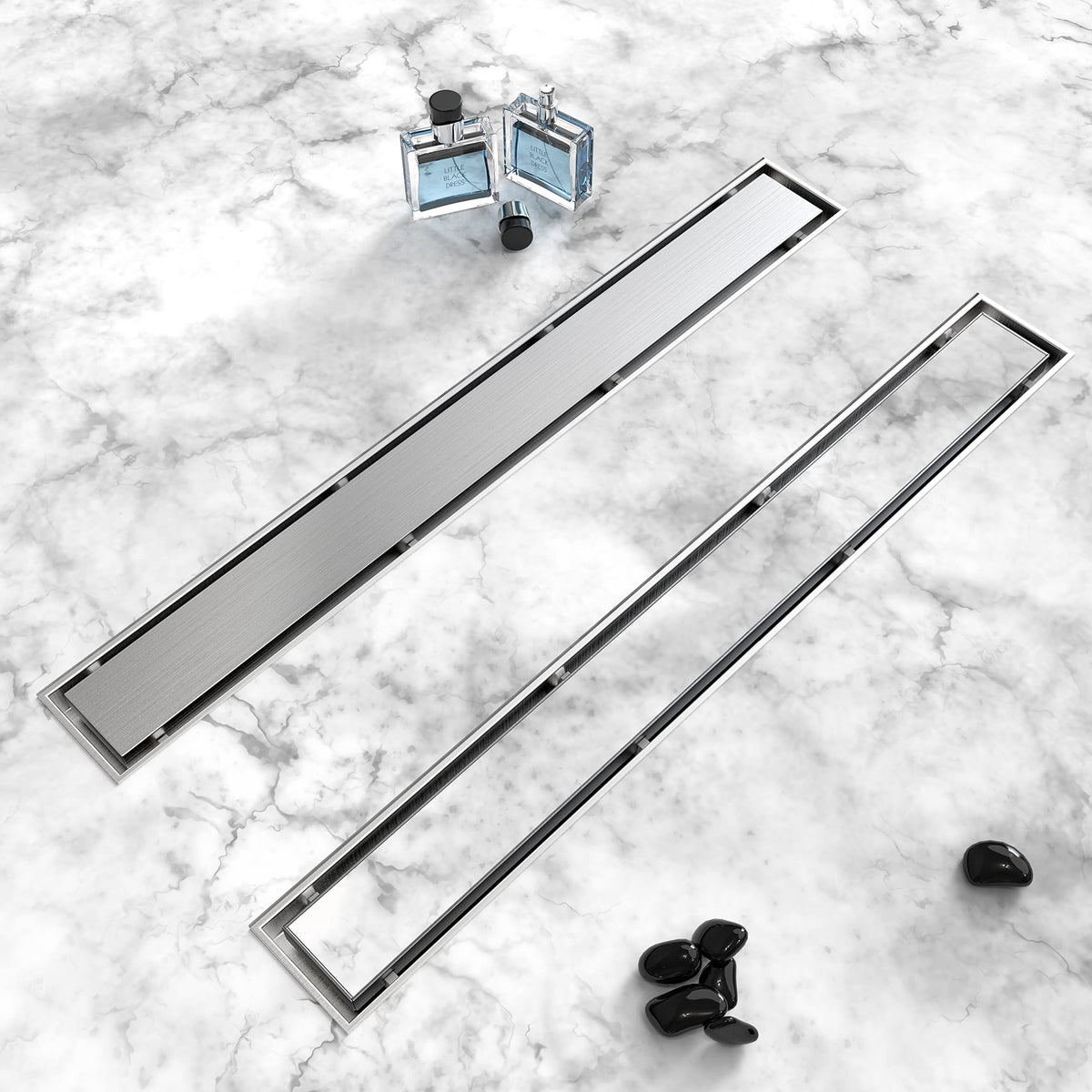 HTOH 24-inch linear drain in brushed nickel showing robust stainless steel construction and finish