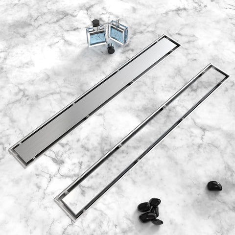 HTOH 24-inch linear drain in brushed nickel showing robust stainless steel construction and finish