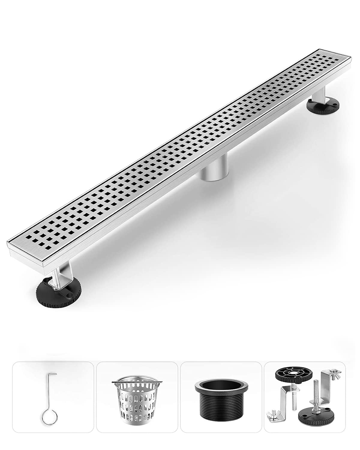 HTOH 24-inch brushed nickel shower drain in a modern bathroom setting.