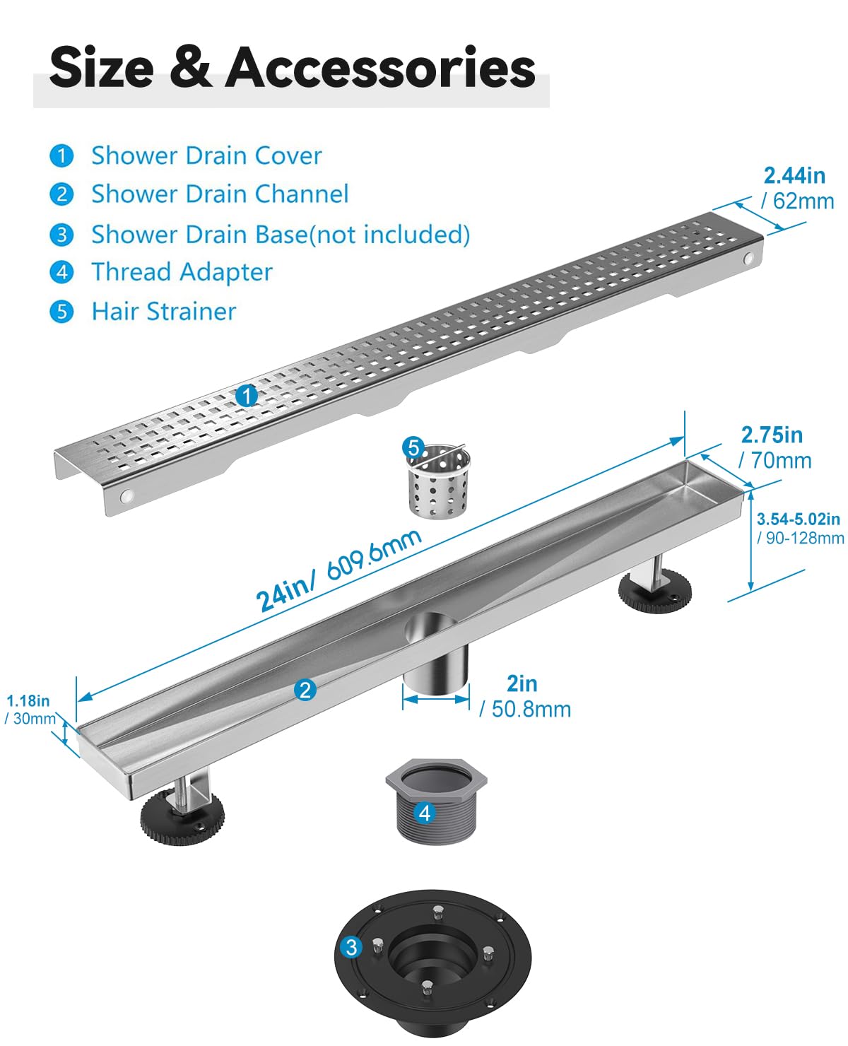 Adjustable leveling feet on the HTOH drain for level installation.
